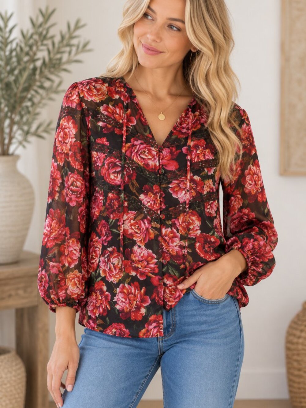 164. Ballon Slv Blouse W/ Diagonal Lace Trim
